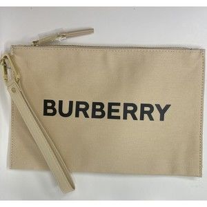 New Burberry Tan Canvas Wristlet Purse Pouch Clutch Cosmetic Bag w/Carry Strap